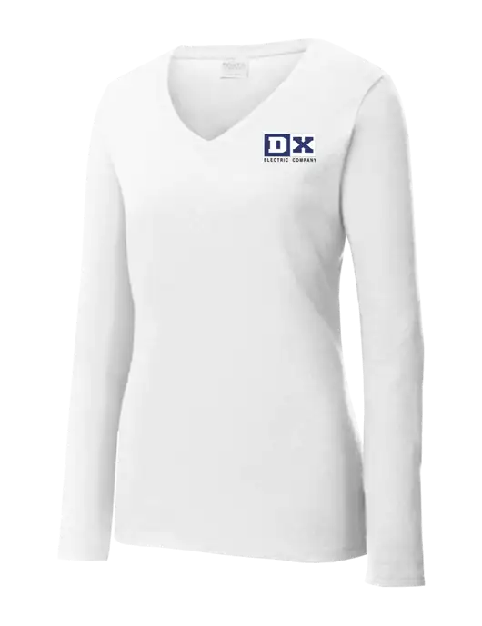 Womens  V-Neck Ring Spun White 4.5 oz Long Sleeve T-Shirt w/DX Logo