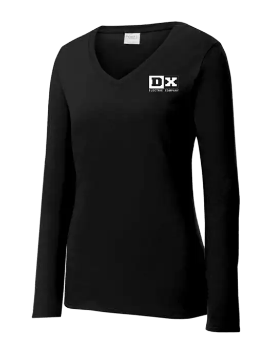 Womens V-Neck Ring Spun Jet Black 4.5 oz Long Sleeve T-Shirt w/DX Logo