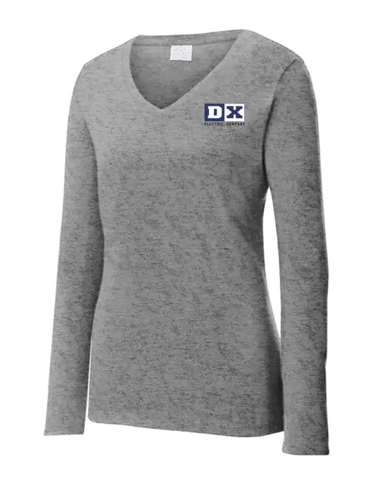 Womens  V-Neck Ring Spun Grey Heather 4.5 oz Long Sleeve T-Shirt w/DX Logo