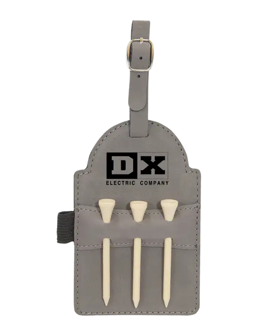 Grey Leatherette Golf Bag Tag with 3 Wooden Tees w/DX Logo