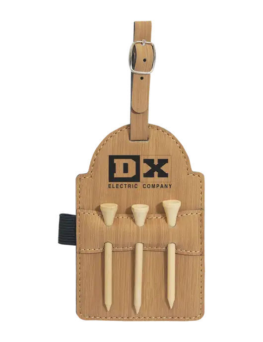 Bamboo Leatherette Golf Bag Tag with 3 Wooden Tees w/DX Logo