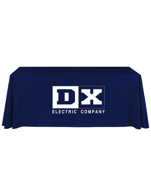 8' Stain-Resistant 4-Sided Dark Navy Table Cover w/DX Logo