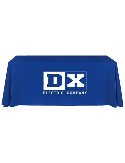 8' Stain-Resistant 4-Sided Dark Royal Table Cover w/DX Logo